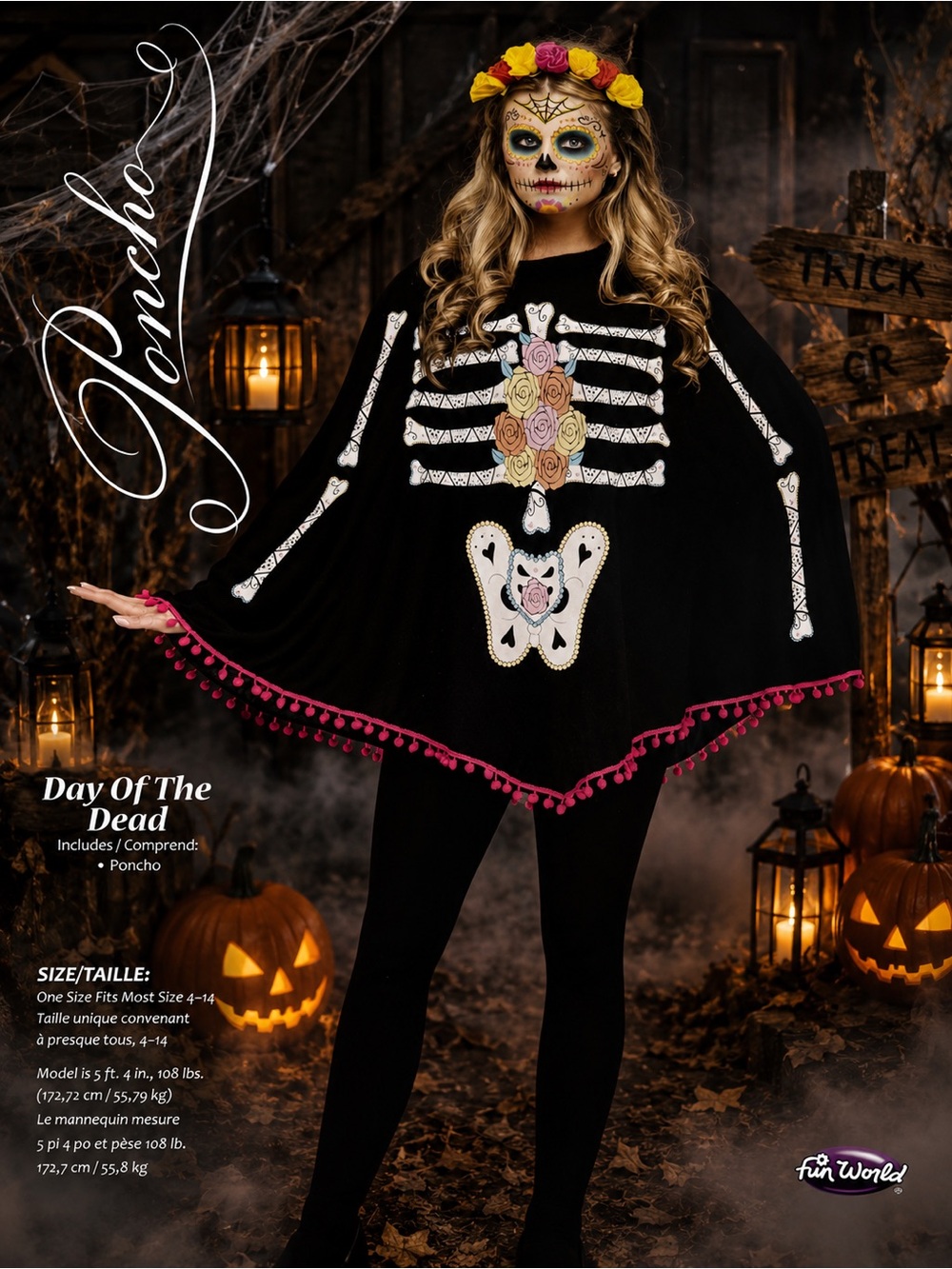 Day of the Dead Black Poncho Costume with Pink Trim